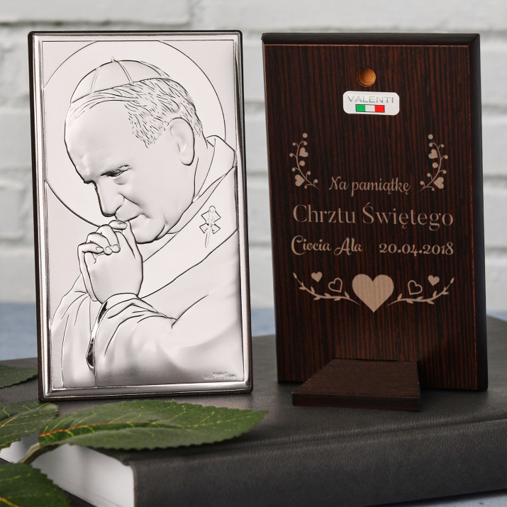 Na pamiątkę chrztu - Papież - Srebrny Obrazek z Grawerem